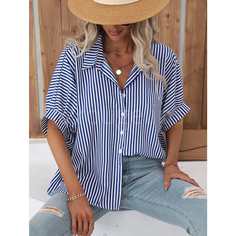 Striped Blue White Button Up Front Shirt Oversized Half Sleeve Collar - Picture 8 of 9